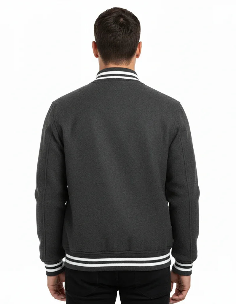 All Wool Varsity Bomber Letterman Dark Grey Jacket