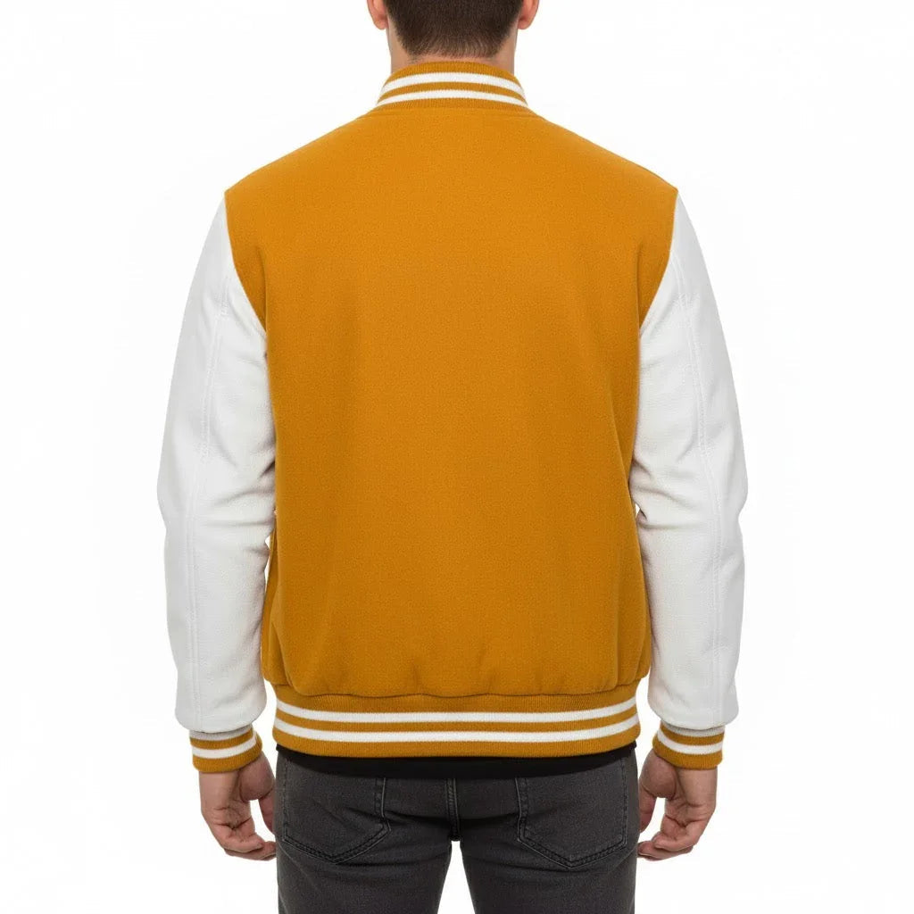 Varsity Bomber Letterman Yellow Wool & White Real Leather Sleeves Jacket