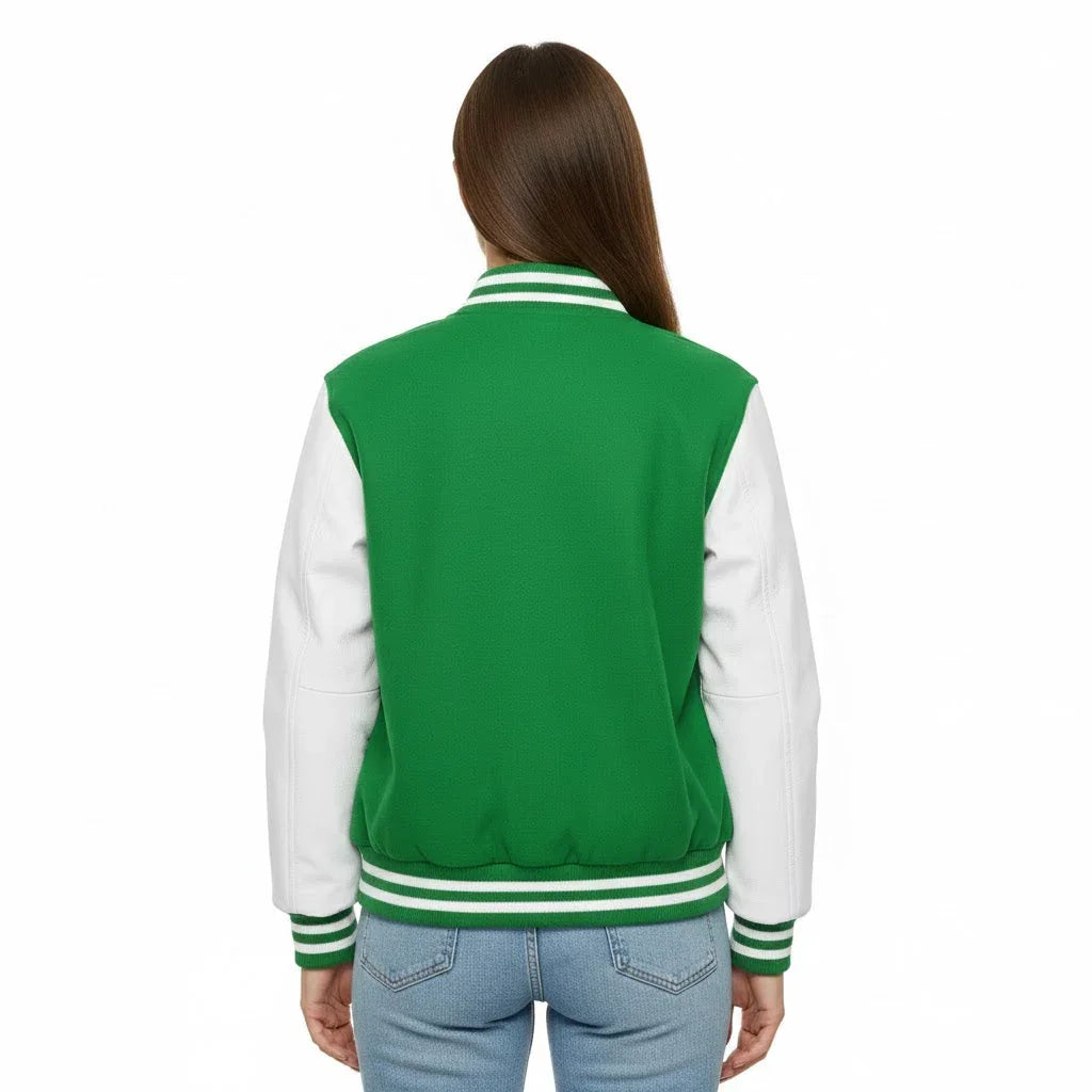 Women's Varsity Letterman Kelly Green Wool & White Real Leather Sleeves Bomber Jacket
