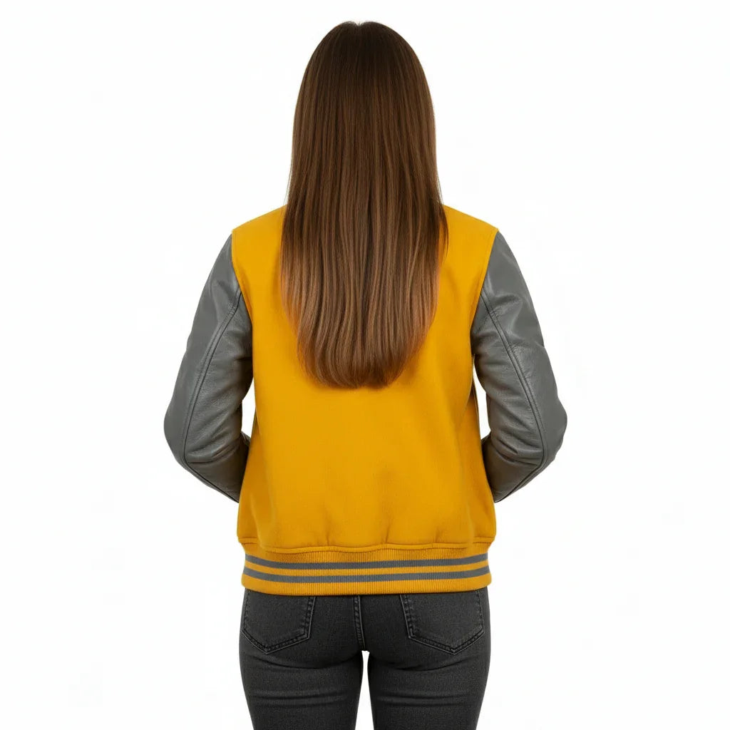 Women's Varsity Bomber Letterman Yellow Wool & Gray Real Leather Sleeves Jacket