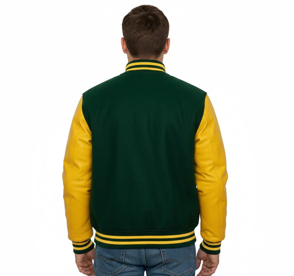 Varsity Bomber Letterman Forest Green Wool & Yellow Real Leather Sleeves Jacket
