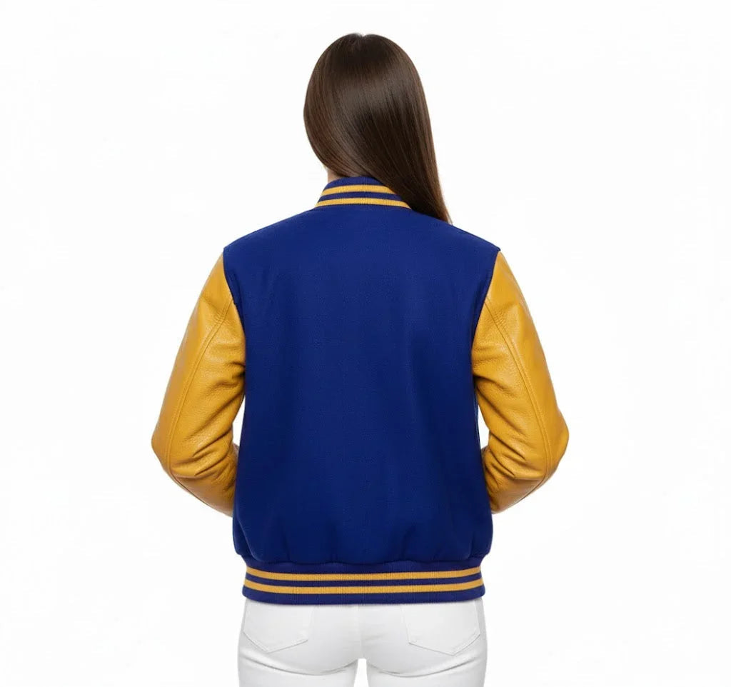 Women's Varsity Bomber Letterman Royal Wool & Gold Real Leather Sleeves Jacket