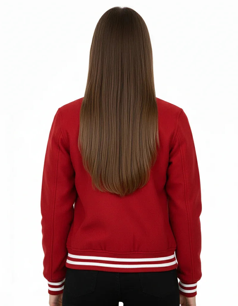 All Wool Women's Varsity Bomber Letterman Red Jacket