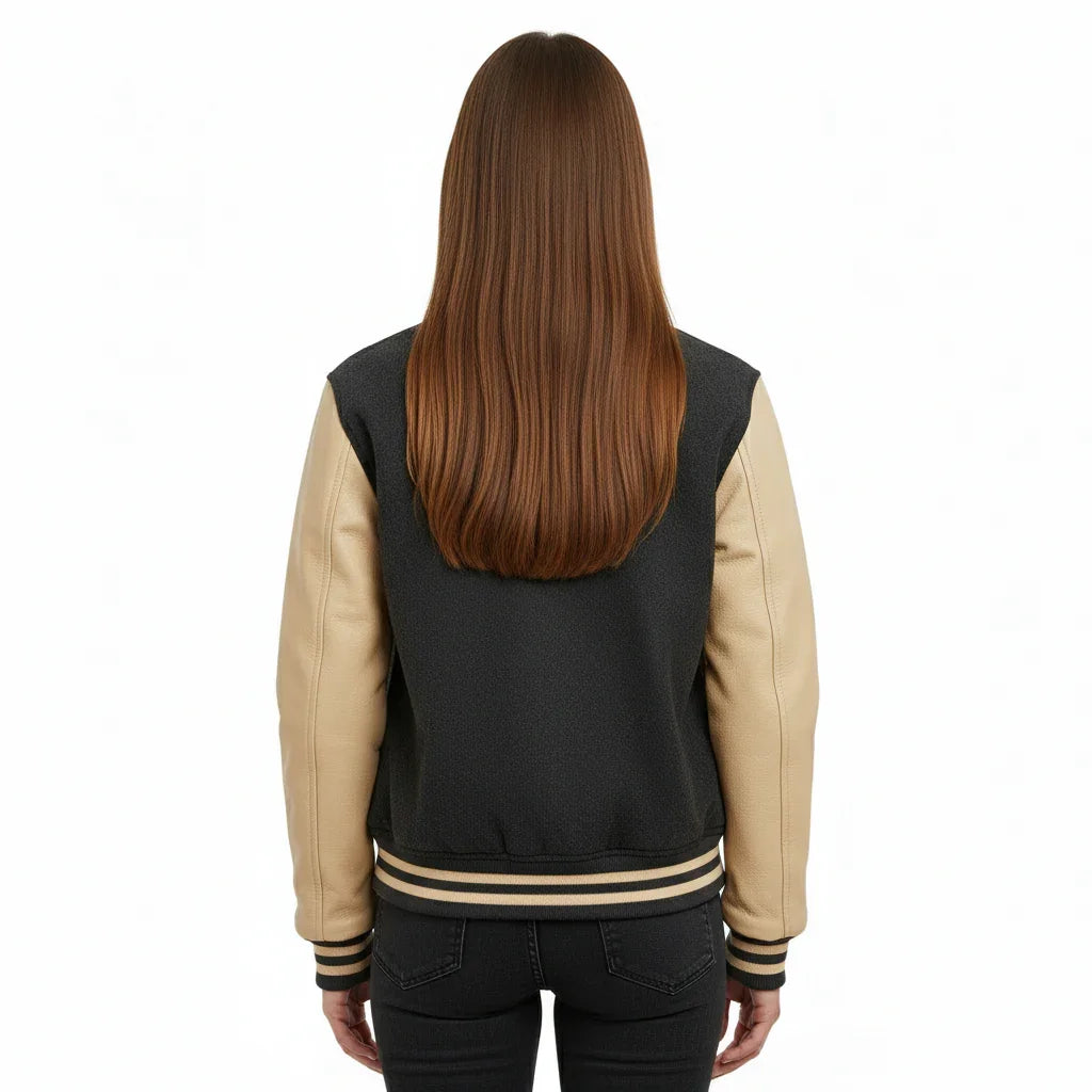Women's Varsity Bomber Letterman Dark Gray Wool & Cream Real Leather Sleeves Jacket