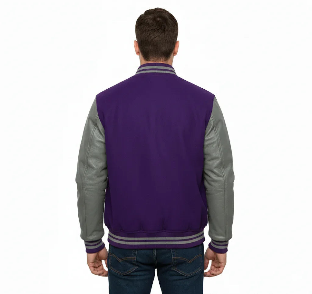 Varsity Bomber Letterman Purple Wool & Gray Real Leather Sleeves Jacket