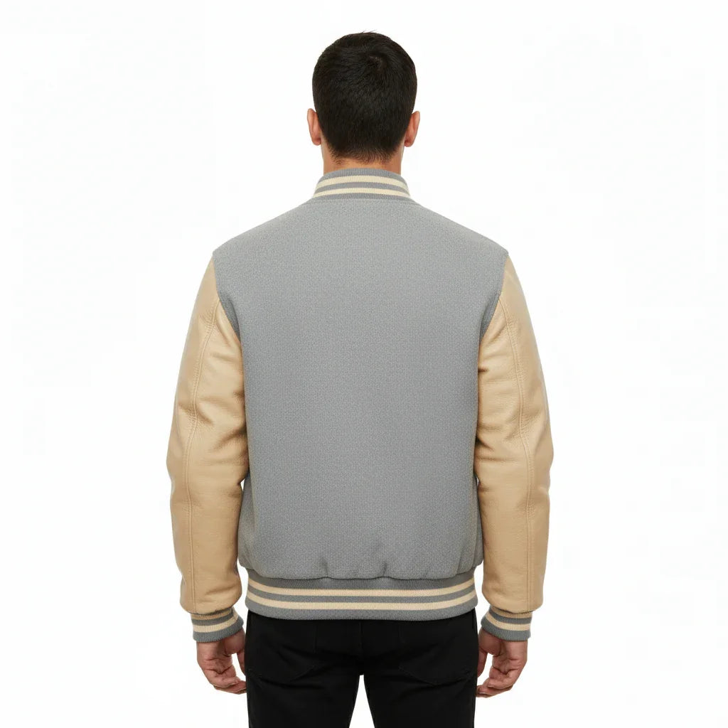 Varsity Bomber Letterman Lt.Gray Wool & Cream Real Leather Sleeves Jacket