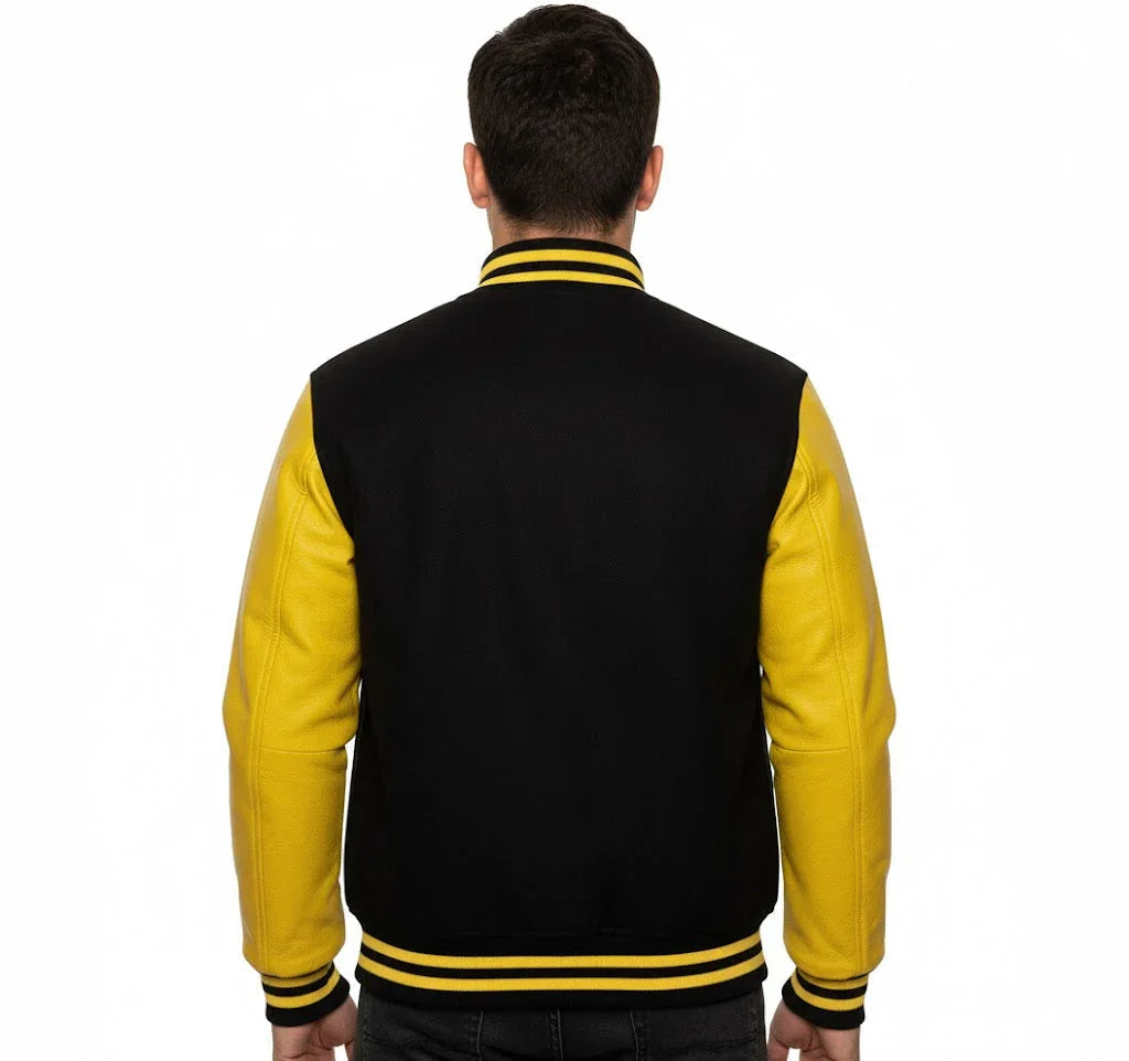 Varsity Bomber Letterman Black Wool & Yellow Real Leather Sleeves Jacket