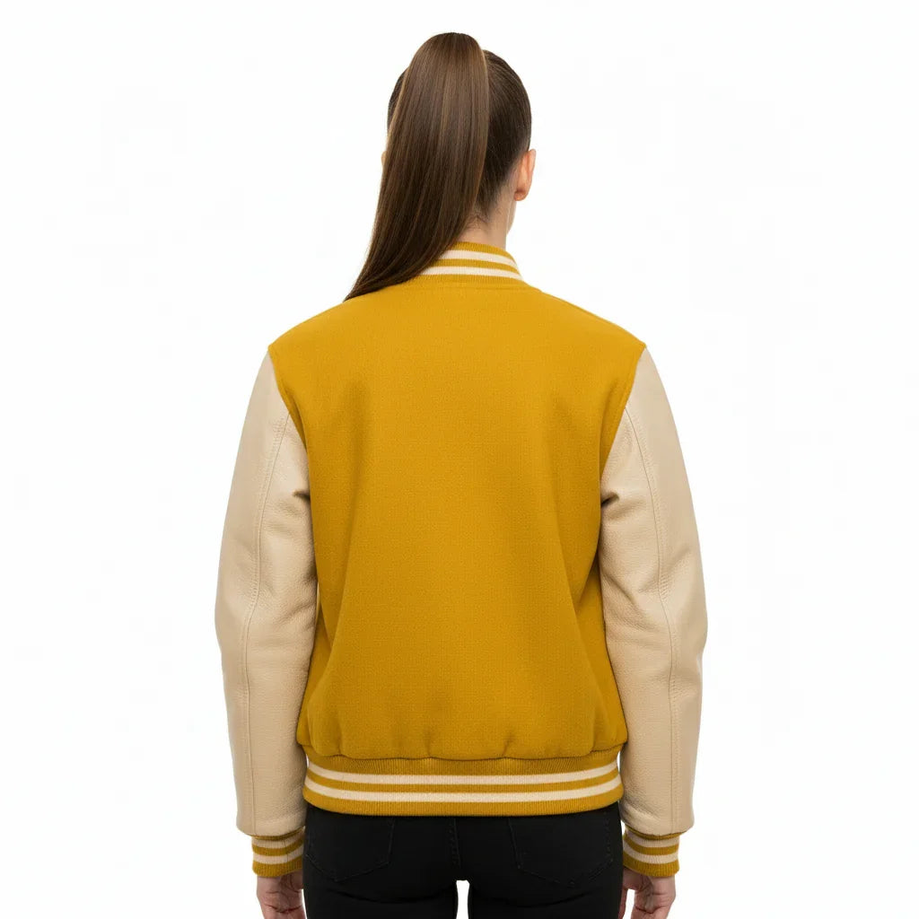 Women's Varsity Bomber Letterman Yellow Wool & Cream Real Leather Sleeves Jacket