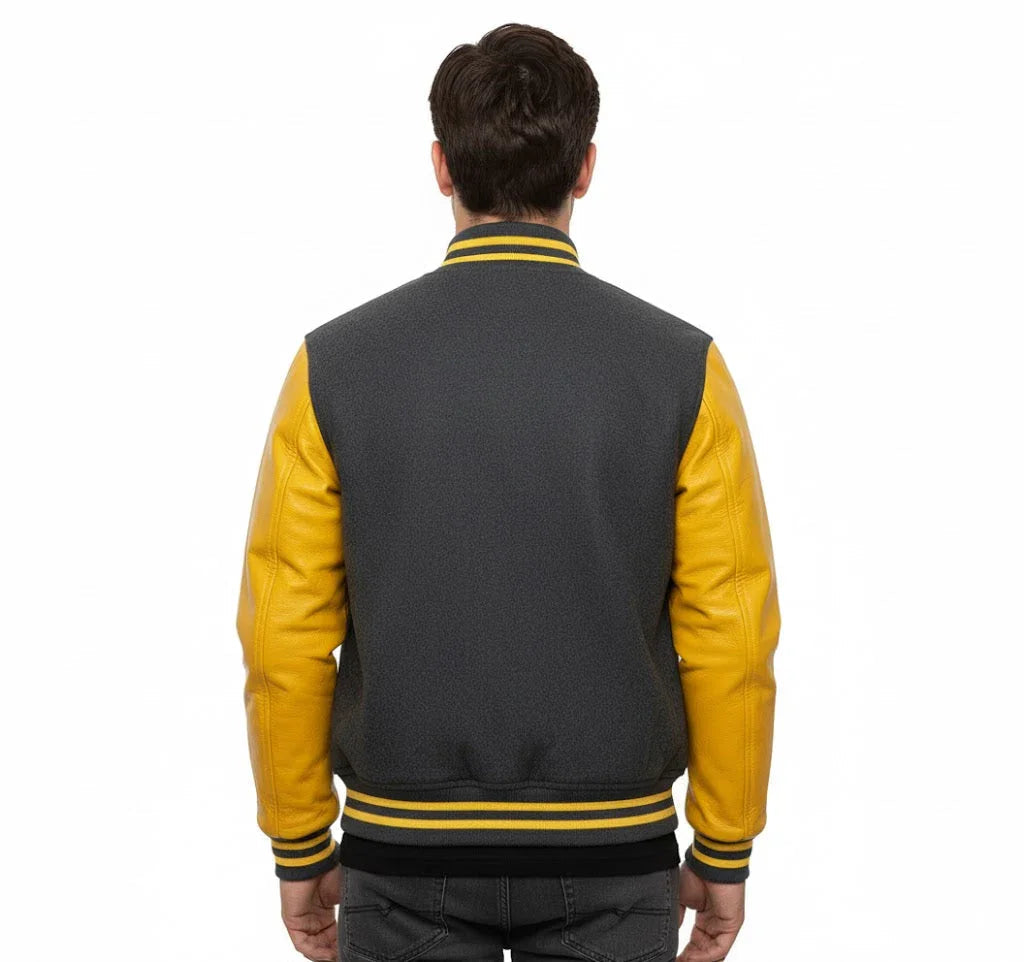 Varsity Bomber Letterman Dark Grey Wool & Yellow Real Leather Sleeves Jacket