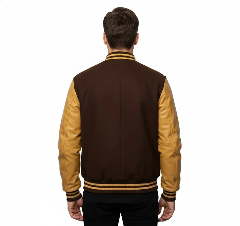 Varsity Bomber Letterman Brown Wool & Gold Real Leather Sleeves Jacket