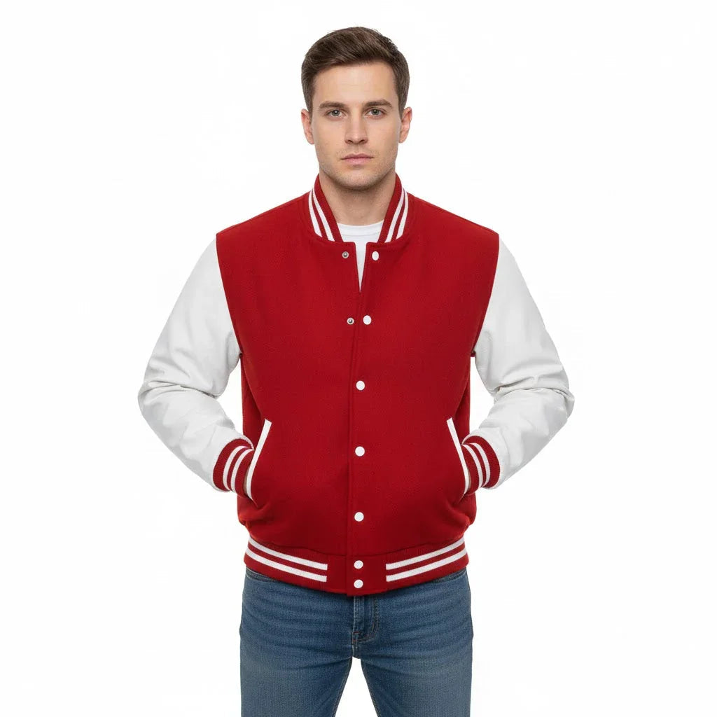 Varsity Letterman Red Wool & White Real Leather Sleeves Bomber Jacket