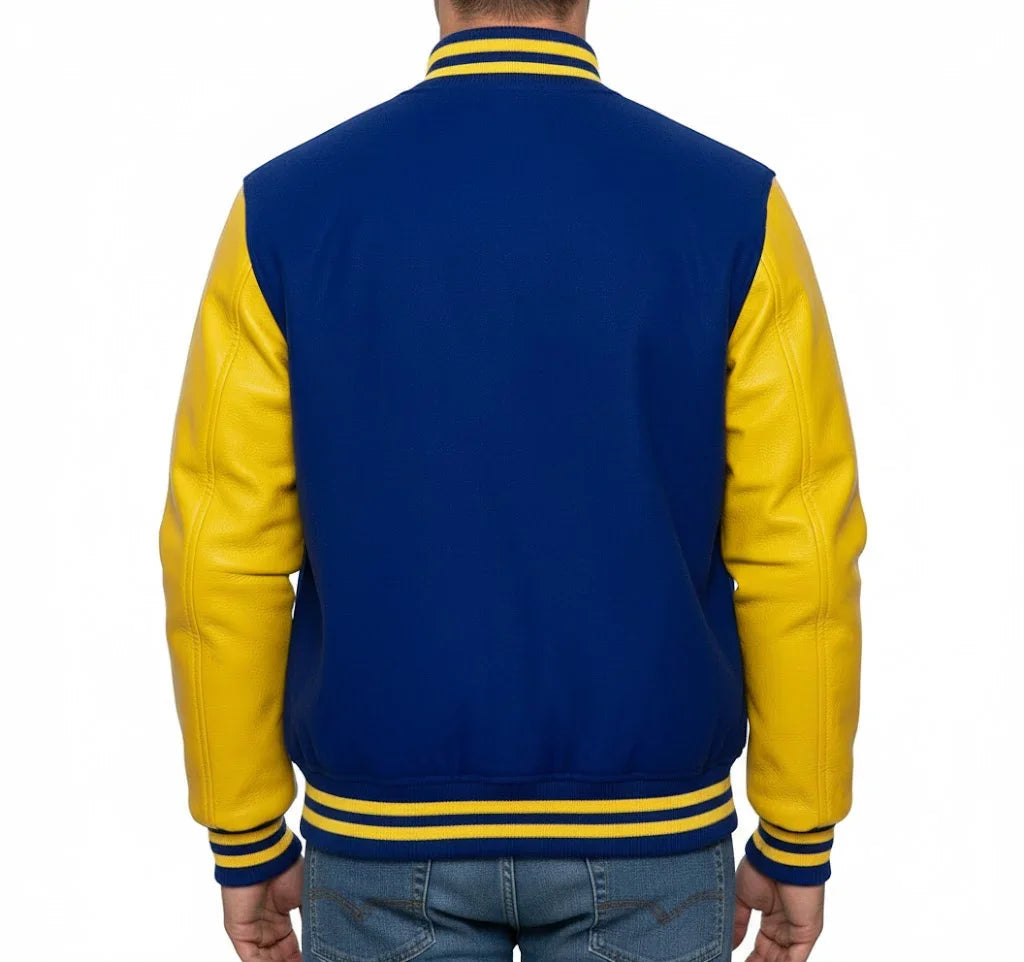 Varsity Bomber Letterman Royal Blue Wool & Yellow Real Leather Sleeves Jacket