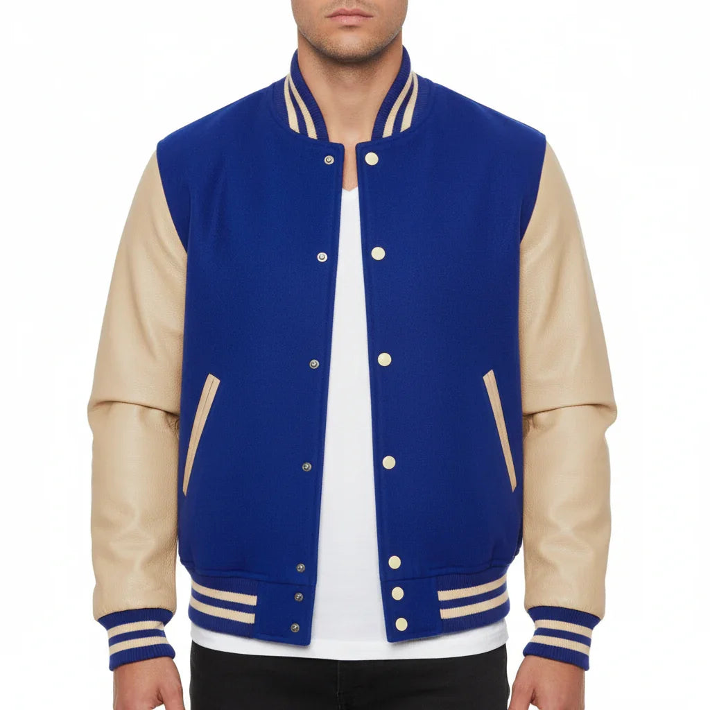 Varsity Bomber Letterman Royal Blue Wool & Cream Real Leather Sleeves Jacket
