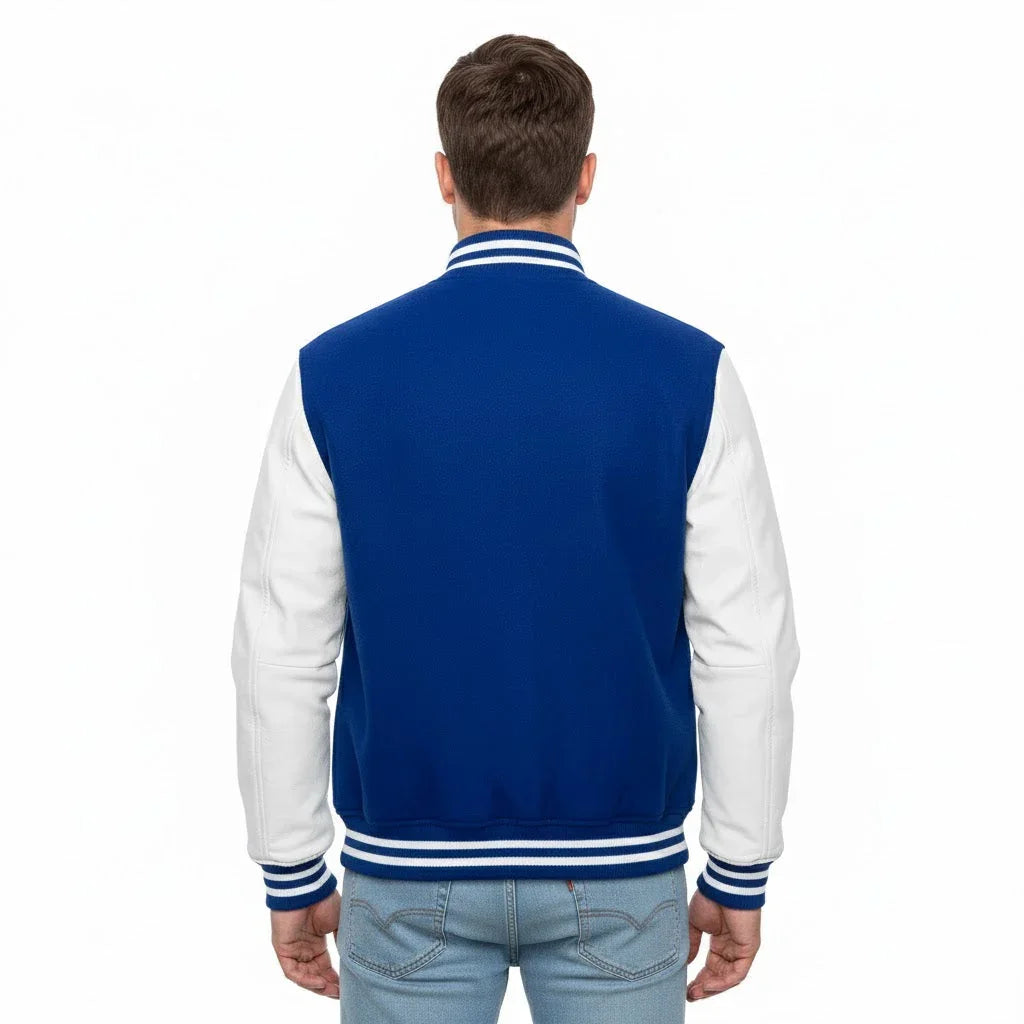 Varsity Bomber Letterman Royal Blue Wool & White Real Leather Sleeves Jacket