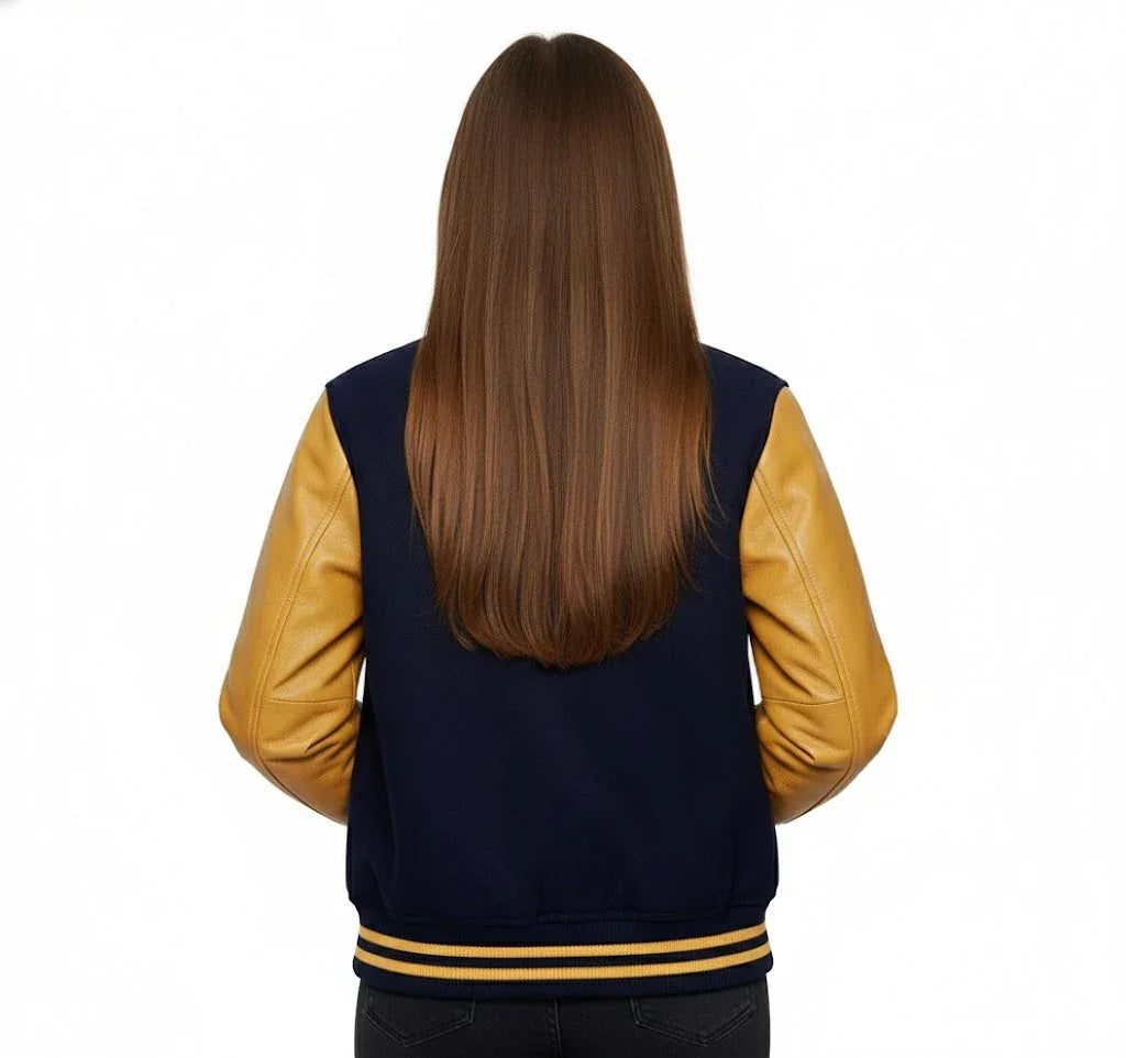 Women's Varsity Bomber Letterman Navy Wool & Gold Real Leather Sleeves Jacket