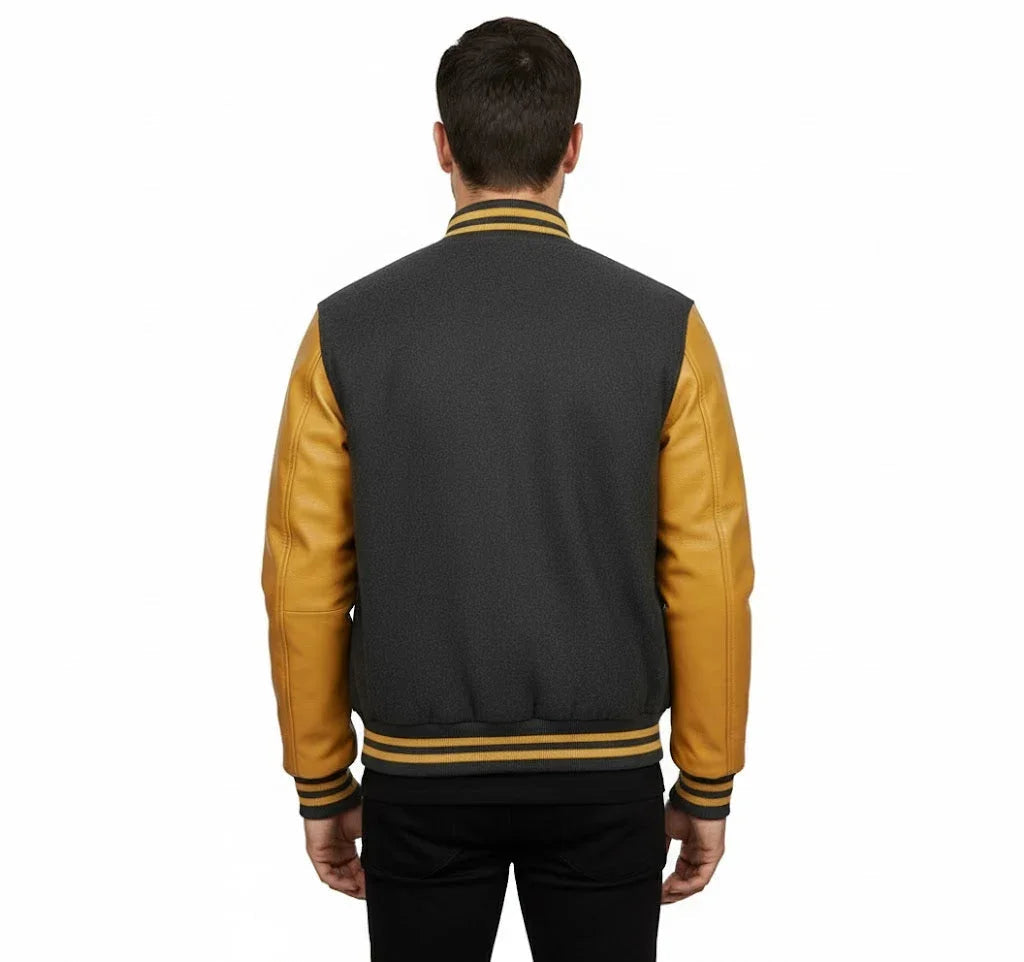 Varsity Bomber Letterman Dark Grey Wool & Gold Real Leather Sleeves Jacket