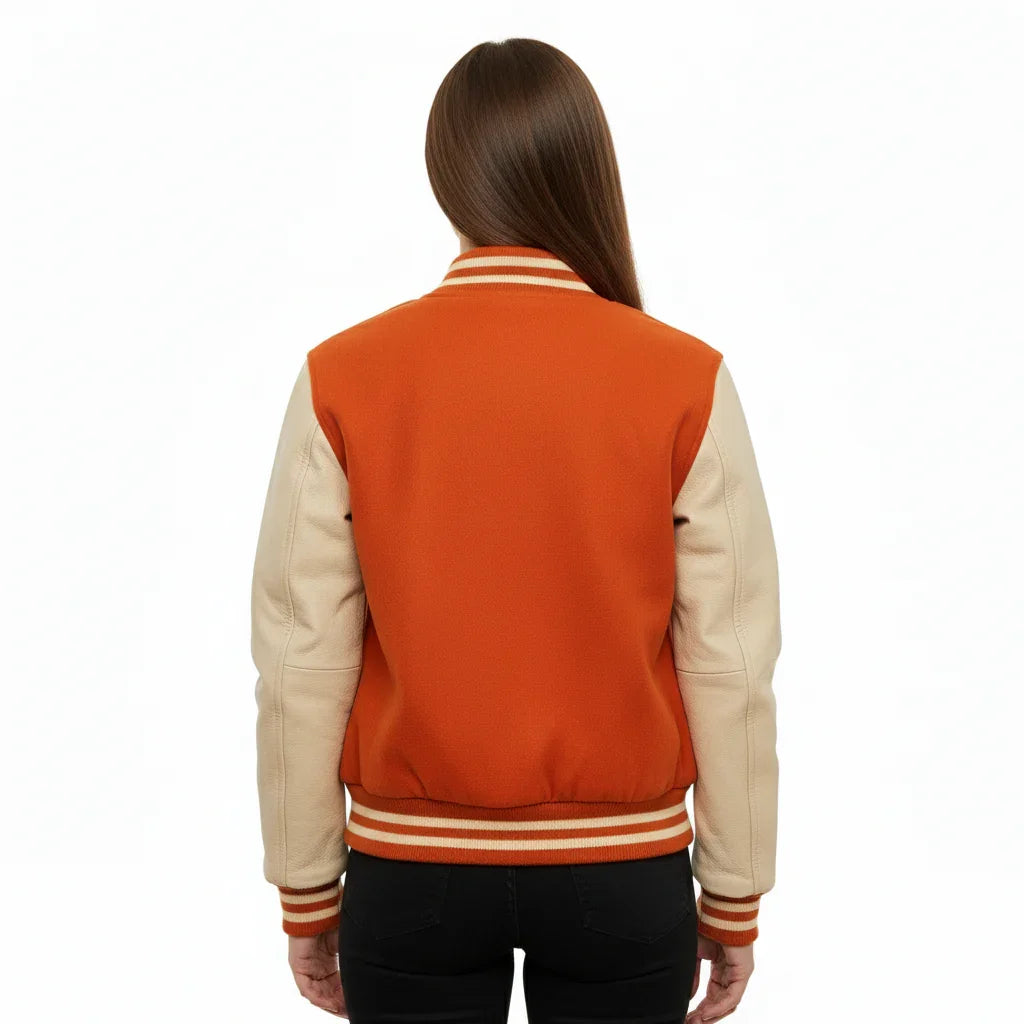 Women's Varsity Bomber Letterman Orange Wool & Cream Real Leather Sleeves Jacket
