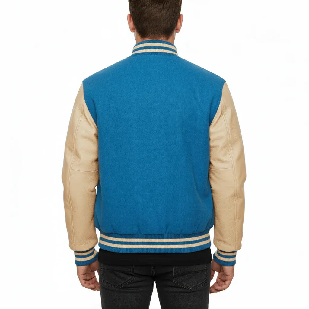Varsity Bomber Letterman Sky Wool & Cream Real Leather Sleeves Jacket