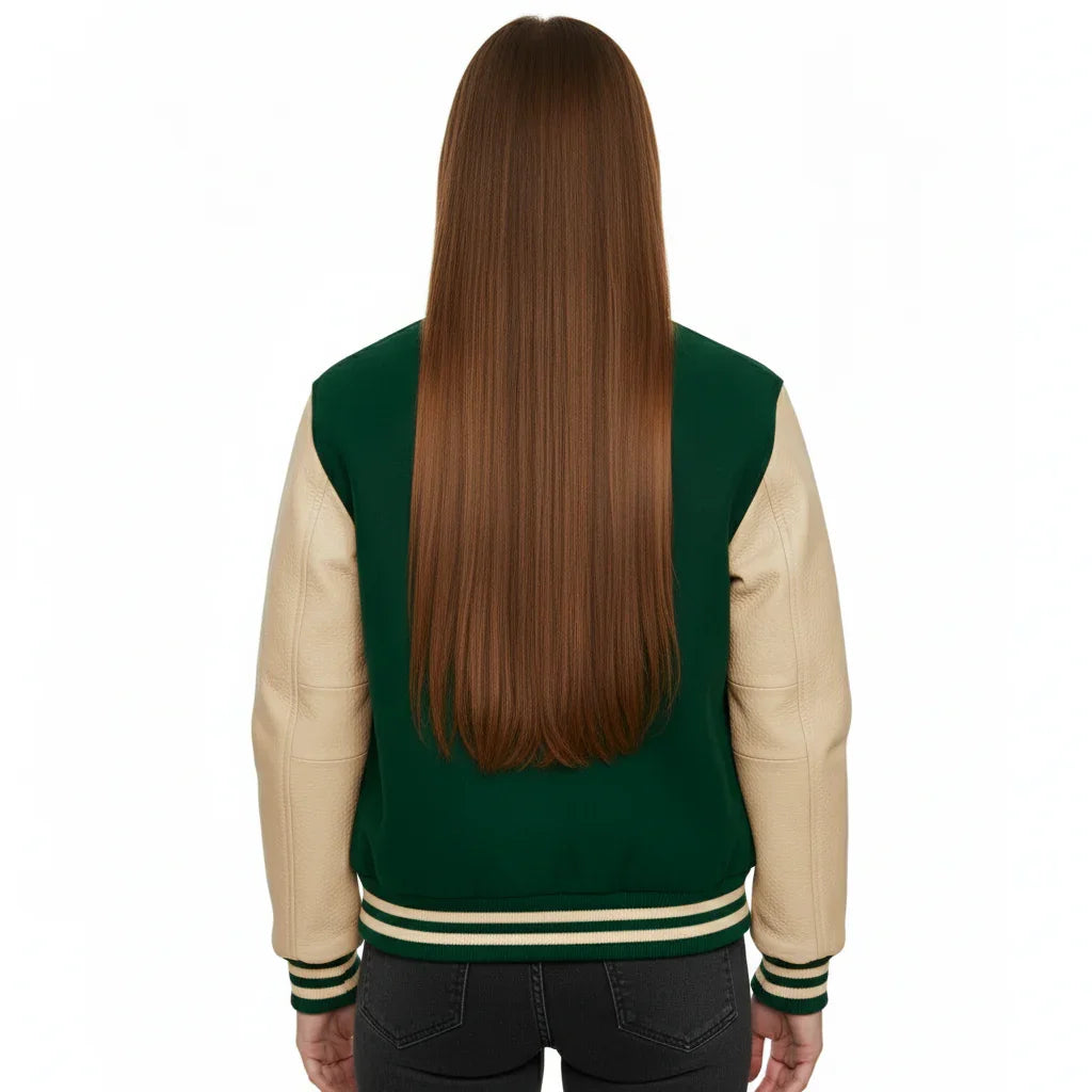 Women's Varsity Bomber Letterman Kelly Green Wool & Cream Real Leather Sleeves Jacket