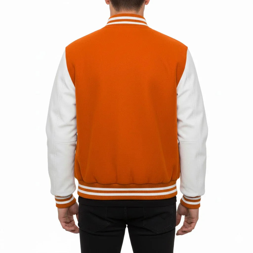 Varsity Bomber Letterman Orange Wool & White Real Leather Sleeves Jacket