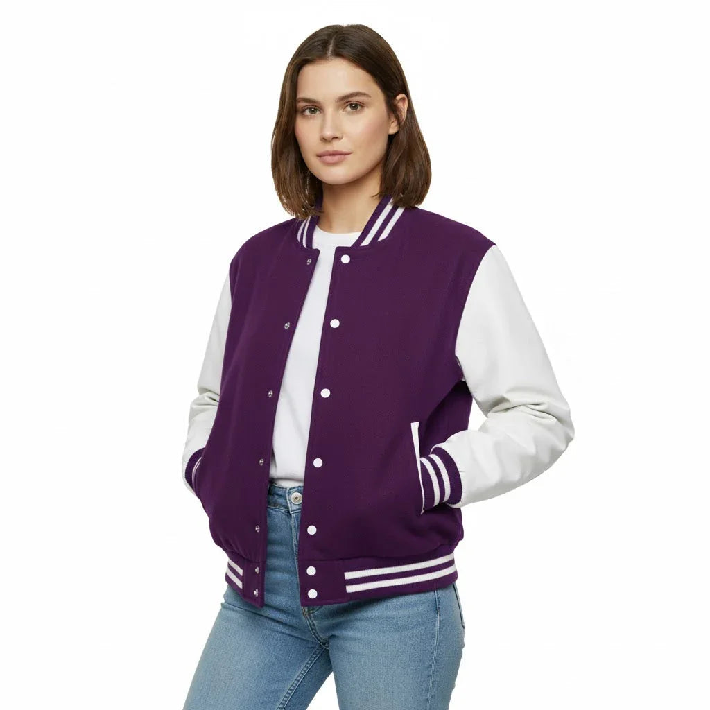 Women's Varsity Letterman Purple Wool & White Real Leather Sleeves Bomber Jacket