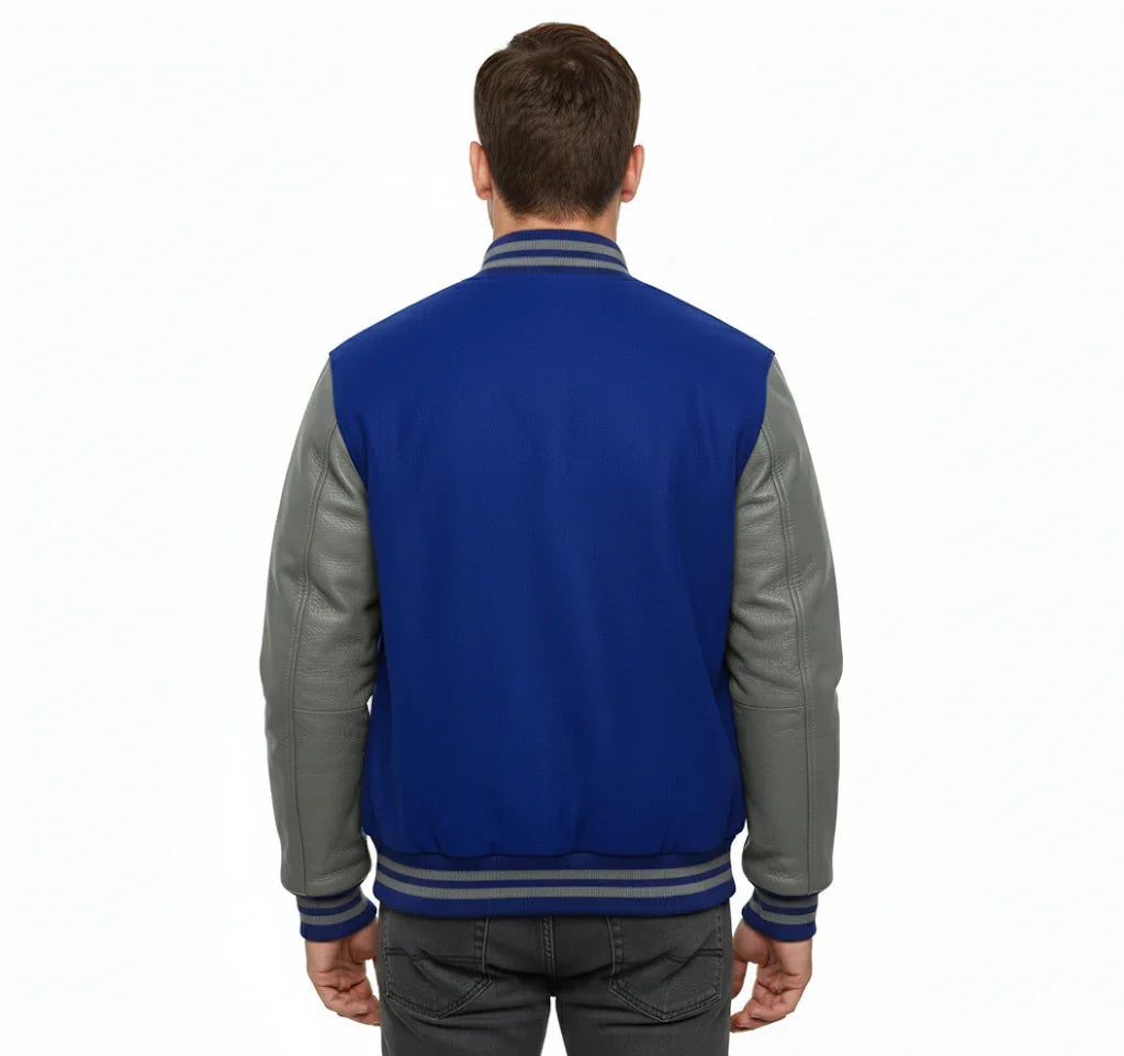 Varsity Bomber Letterman Royal Blue Wool & Gray Real Leather Sleeves Jacket
