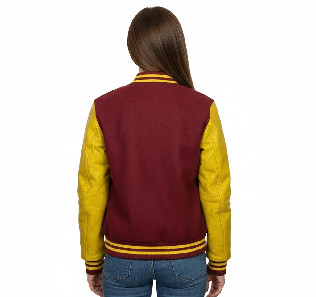 Women's Varsity Bomber Letterman Maroon Wool & Yellow Real Leather Sleeves Jacket