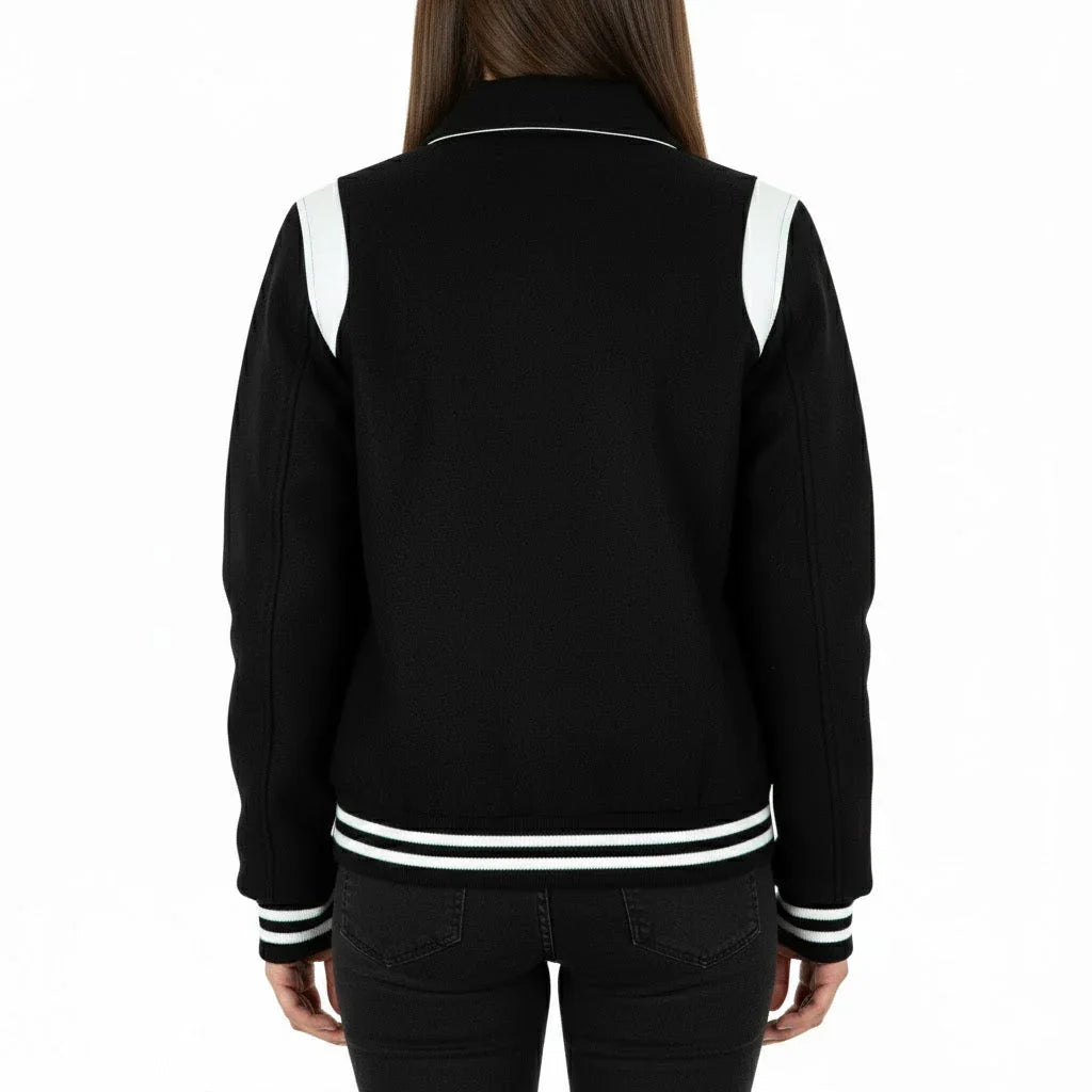 All Wool Women's Varsity Bomber Letterman Black Single White Leather Stripe Jacket
