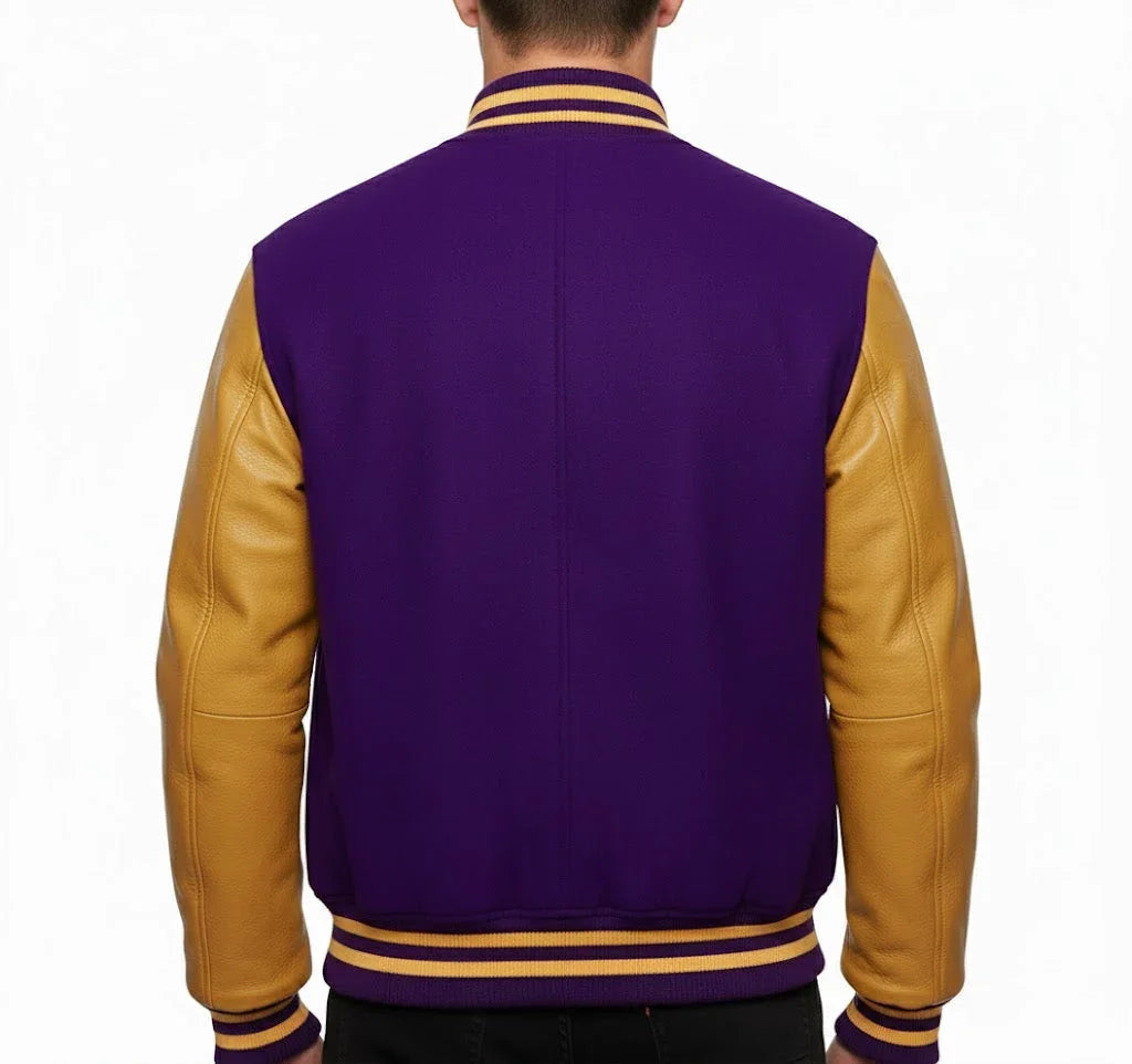 Varsity Bomber Letterman Purple Wool & Gold Real Leather Sleeves Jacket