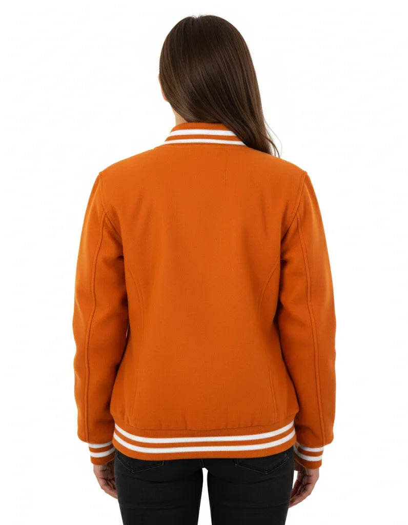 All Wool Women's Varsity Bomber Letterman Orange Jacket