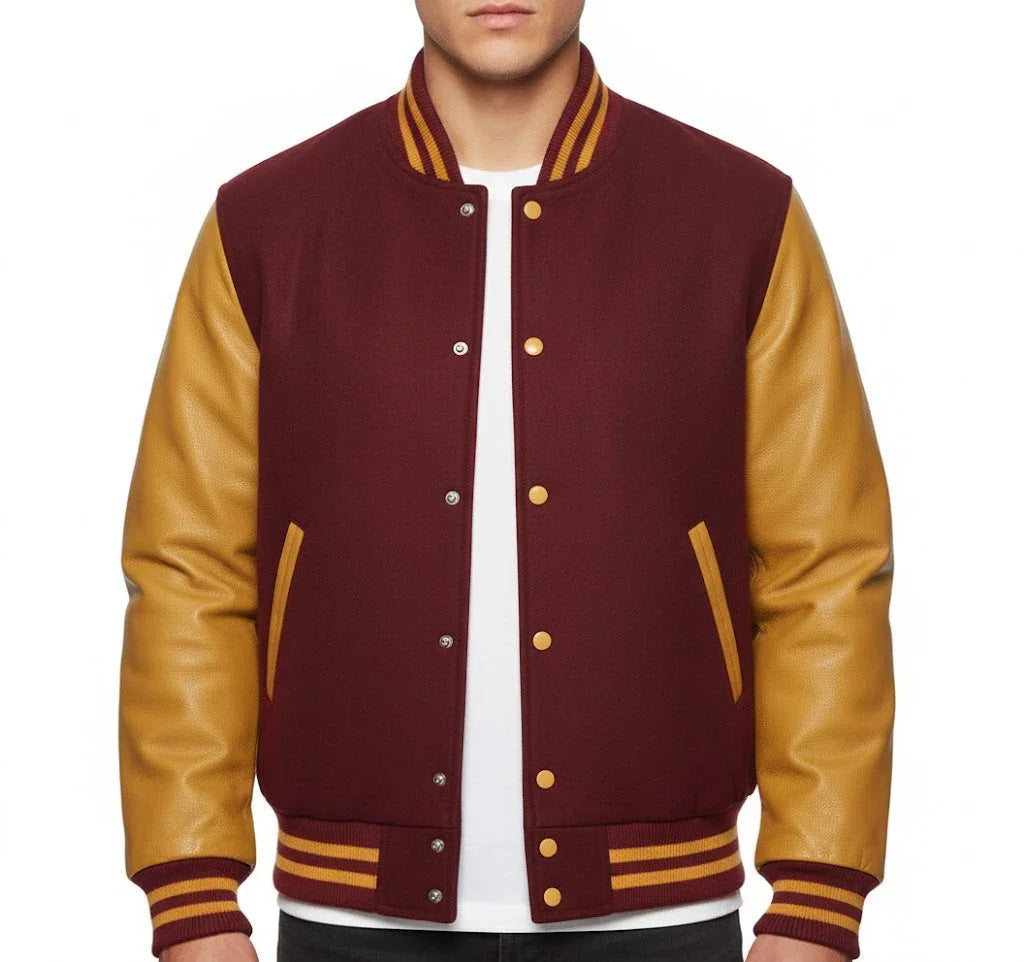 Varsity Bomber Letterman Maroon Wool & Gold Real Leather Sleeves Jacket