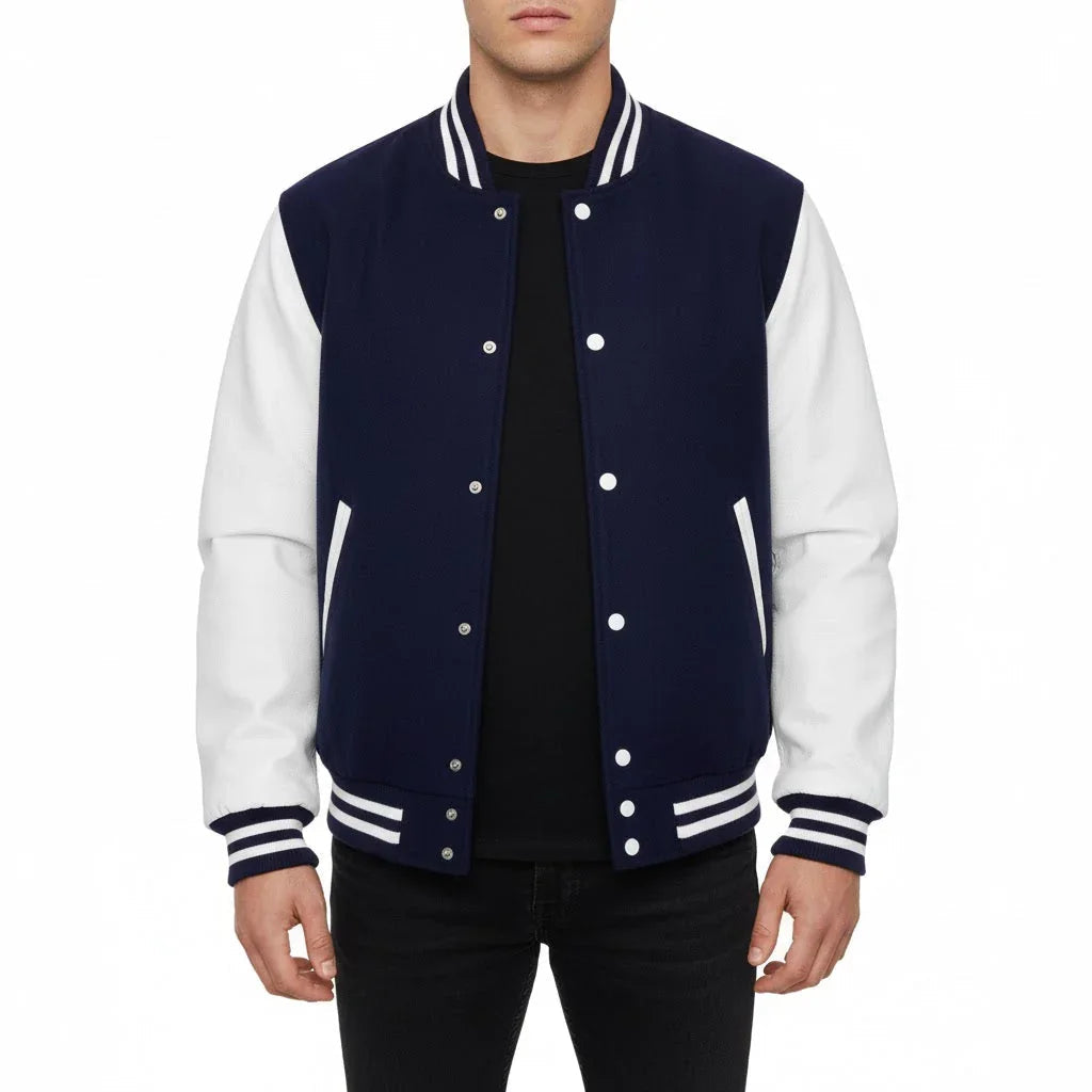 Varsity Bomber Letterman Navy Wool & White Real Leather Sleeves Jacket