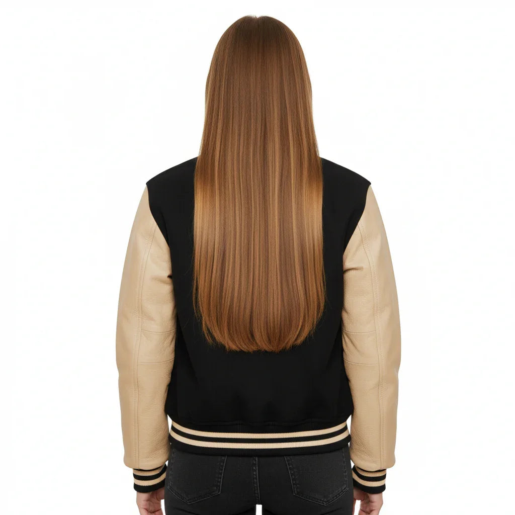 Women's Varsity Bomber Letterman Black Wool & Cream Real Leather Sleeves Jacket