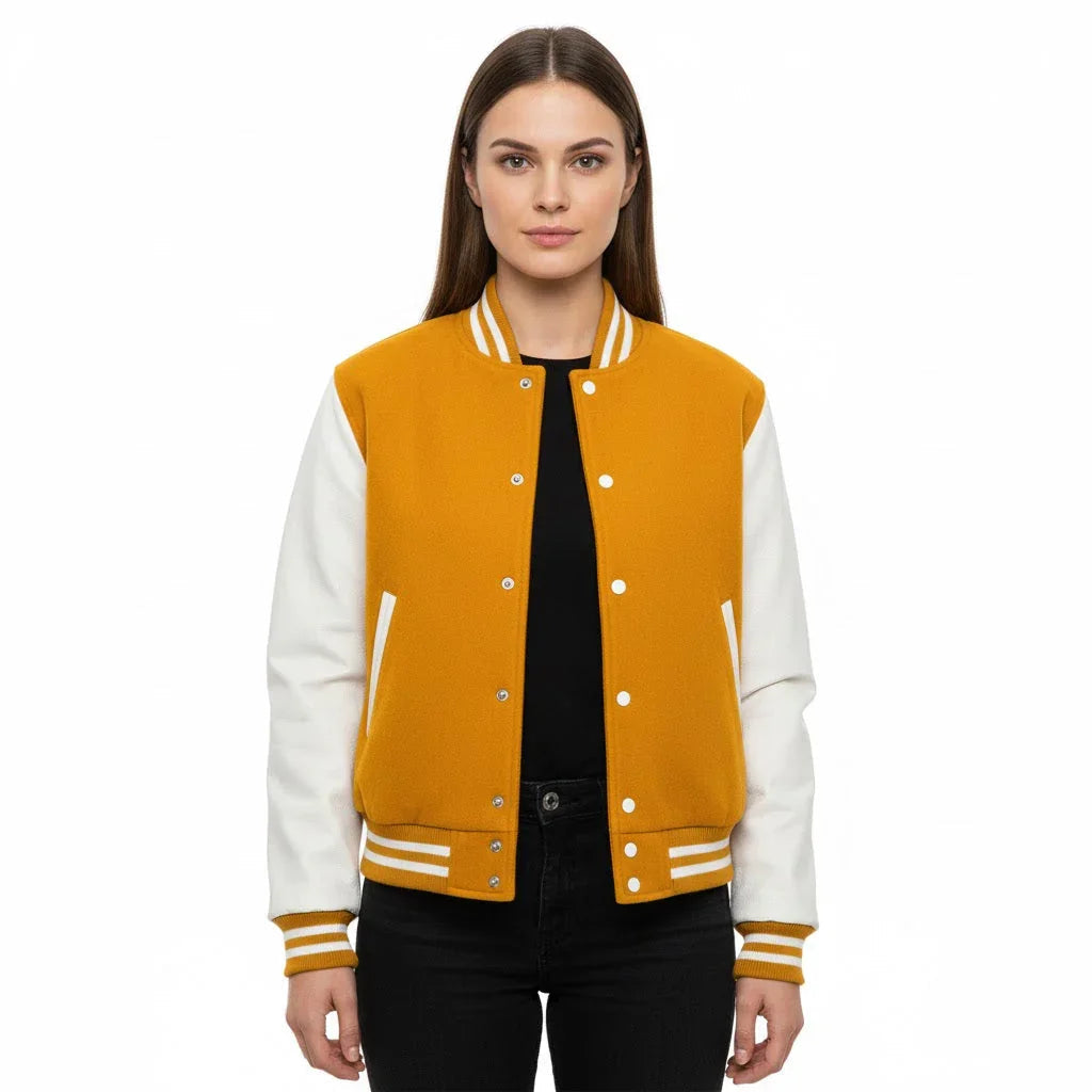 Women's Varsity Letterman Yellow Wool & White Real Leather Sleeves Bomber Jacket