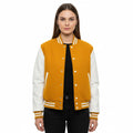 Women's Varsity Letterman Yellow Wool & White Real Leather Sleeves Bomber Jacket