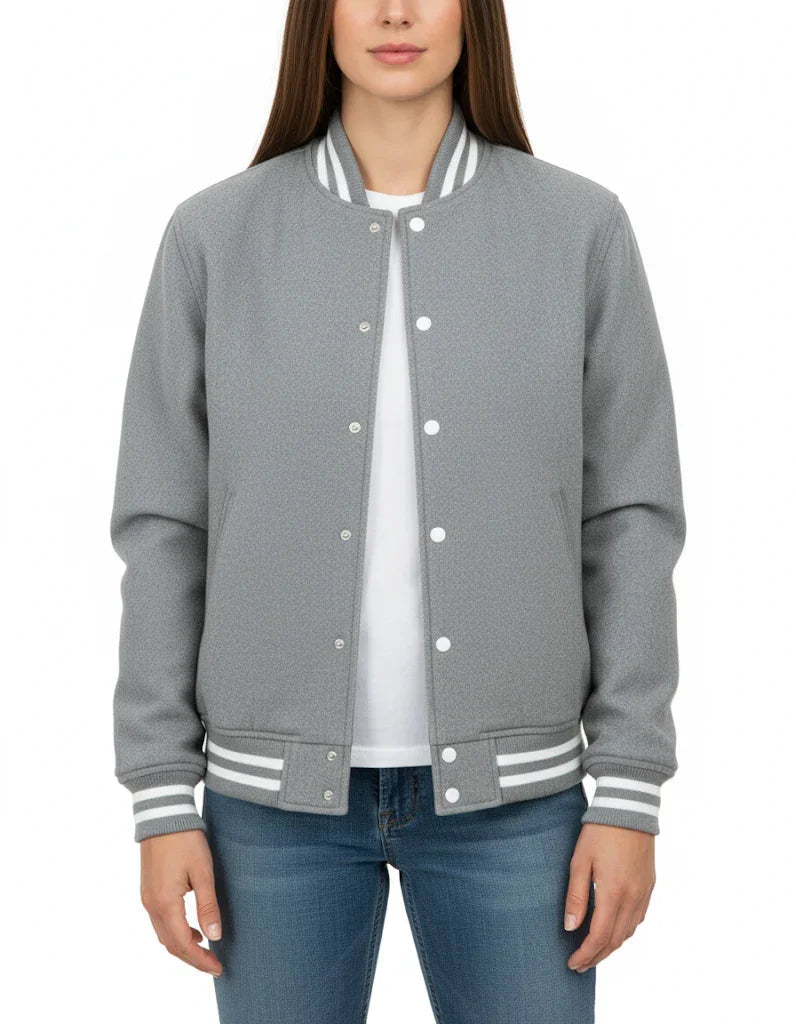 All Wool Women's Varsity Bomber Letterman Lt.Grey Jacket