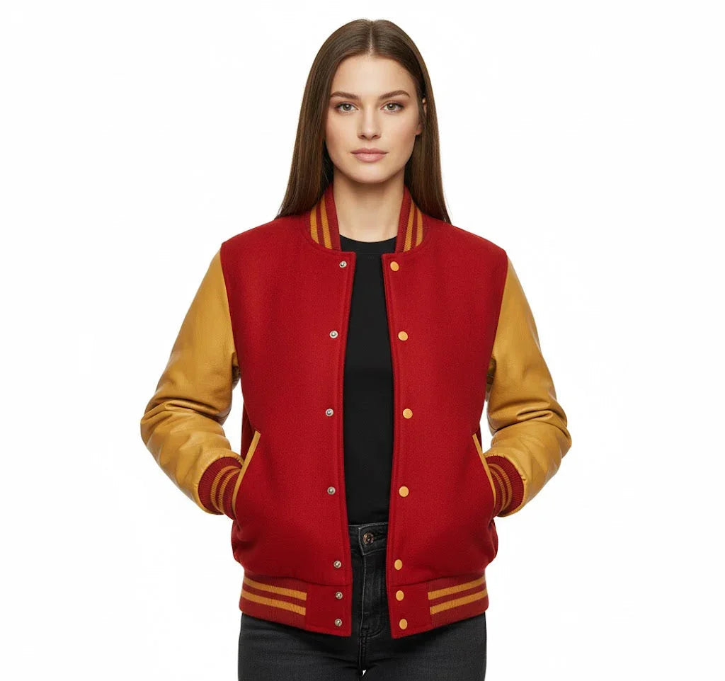 Women's Varsity Bomber Letterman Red Wool & Gold Real Leather Sleeves Jacket
