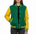 Women's Varsity Bomber Letterman Kelly Green Wool & Yellow Real Leather Sleeves Jacket