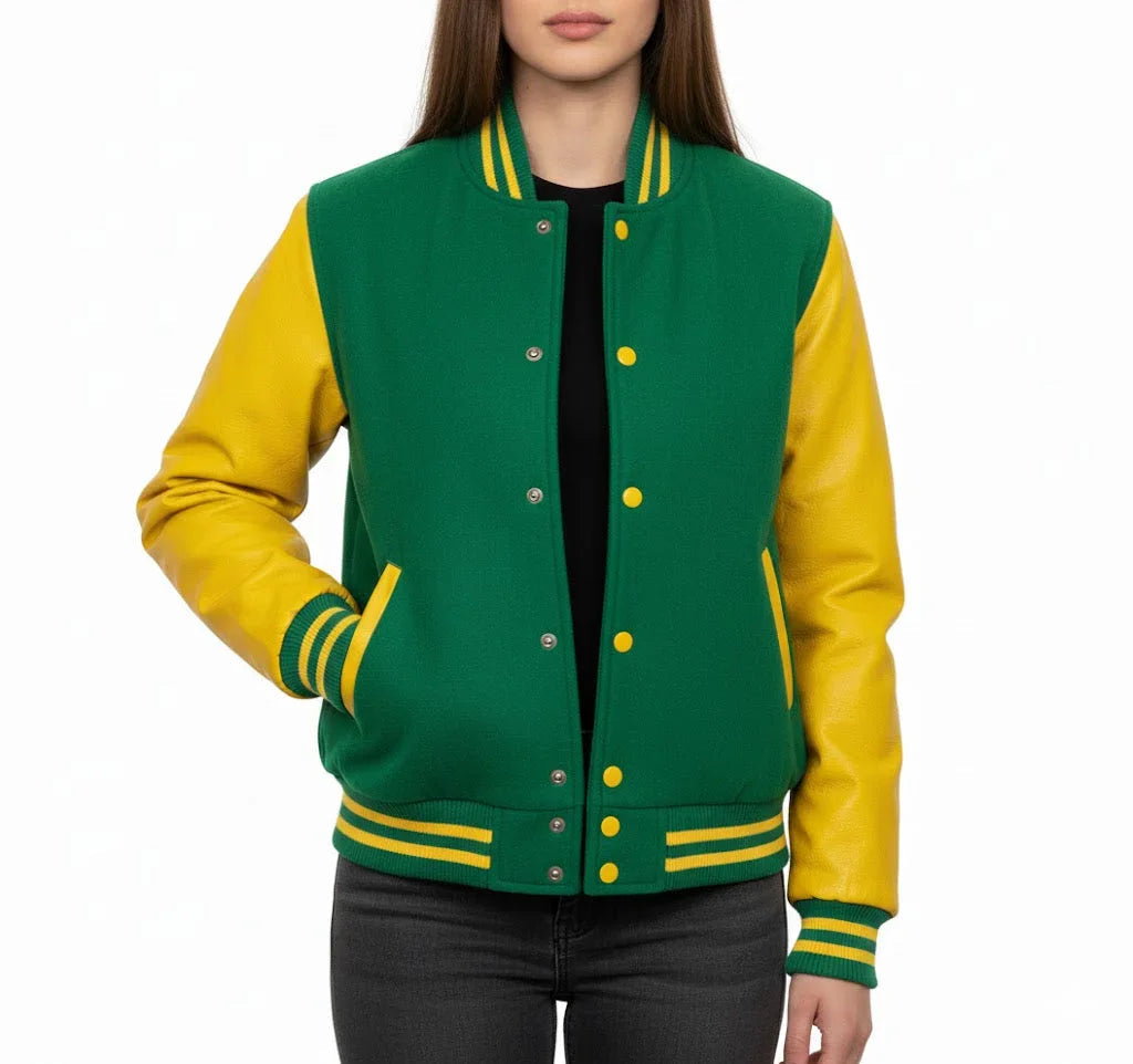 Women's Varsity Bomber Letterman Kelly Green Wool & Yellow Real Leather Sleeves Jacket