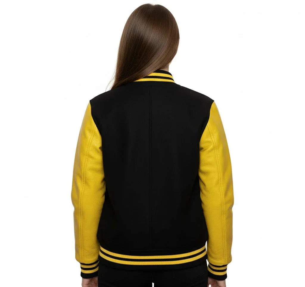 Women's Varsity Bomber Letterman Black Wool & Yellow Real Leather Sleeves Jacket
