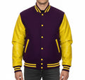 Varsity Bomber Letterman Purple Wool & Yellow Real Leather Sleeves Jacket