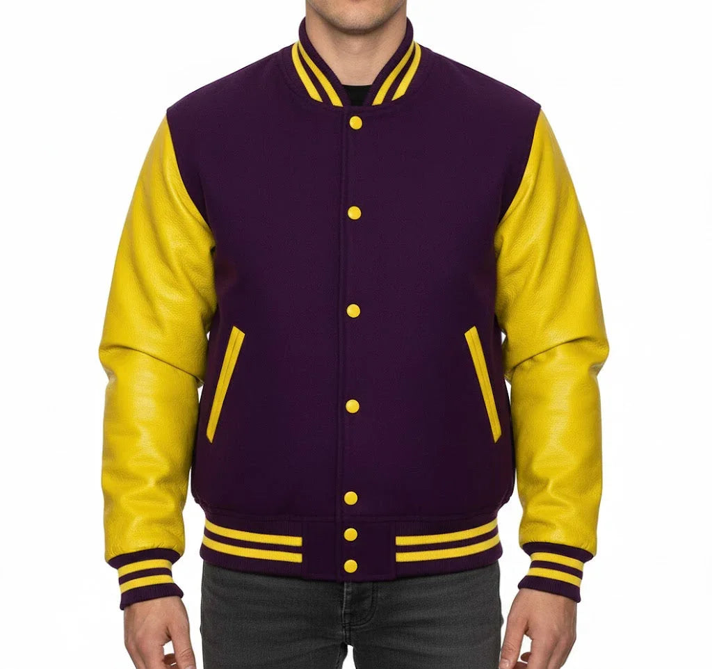 Varsity Bomber Letterman Purple Wool & Yellow Real Leather Sleeves Jacket