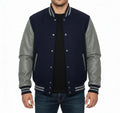 Varsity Bomber Letterman Navy Wool & Gray Real Leather Sleeves Jacket