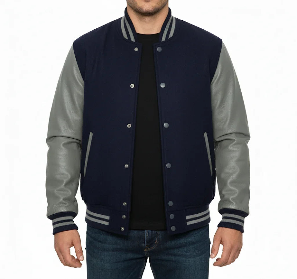 Varsity Bomber Letterman Navy Wool & Gray Real Leather Sleeves Jacket