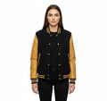 Women's Varsity Bomber Letterman Black Wool & Gold Real Leather Sleeves Jacket