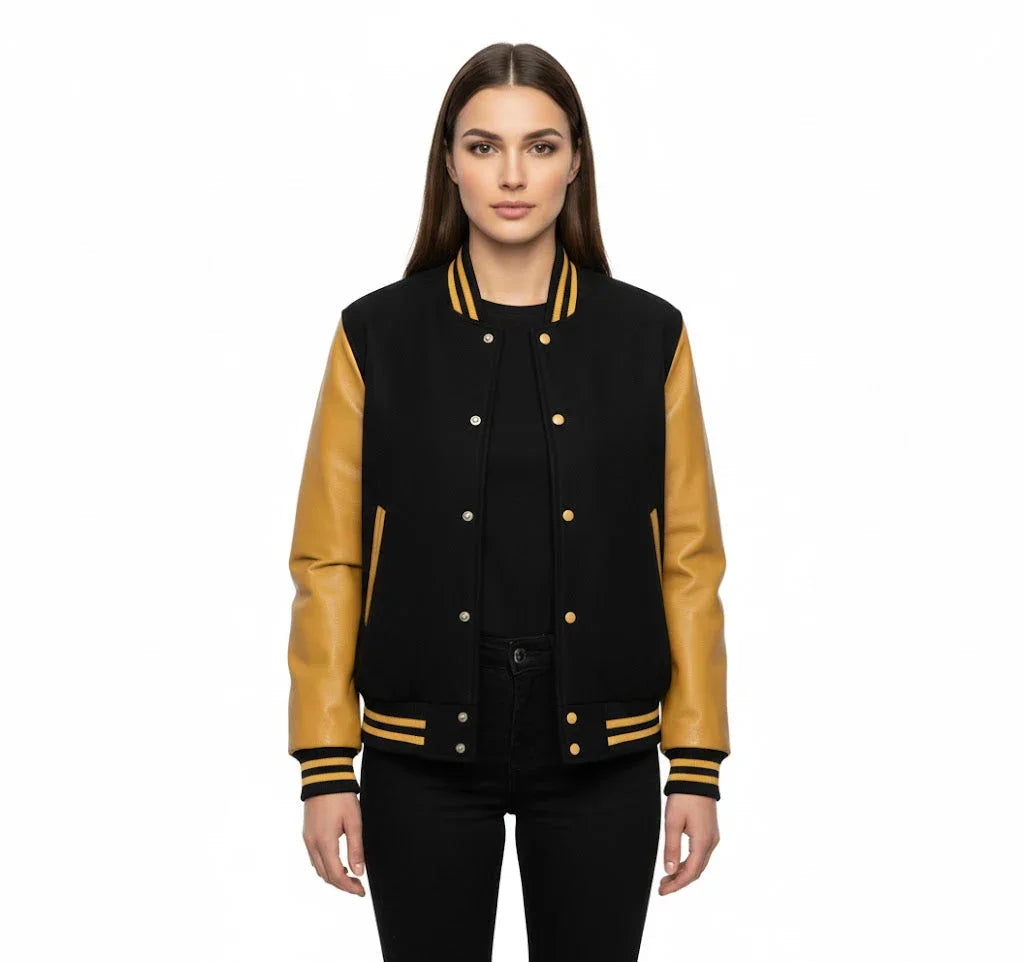 Women's Varsity Bomber Letterman Black Wool & Gold Real Leather Sleeves Jacket