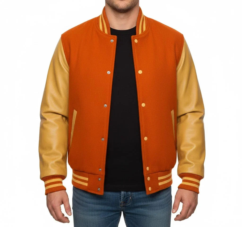 Varsity Bomber Letterman Orange Wool & Gold Real Leather Sleeves Jacket