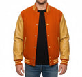 Varsity Bomber Letterman Orange Wool & Gold Real Leather Sleeves Jacket
