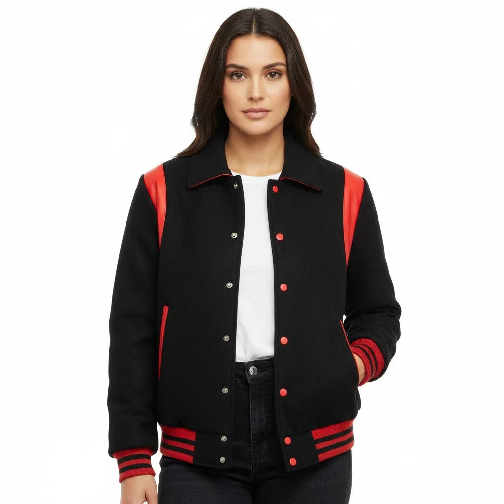 All Wool Women's Varsity Bomber Letterman Black Single Red Leather Stripe Jacket