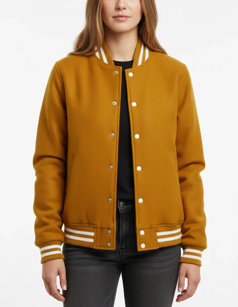 All Wool Women's Varsity Bomber Letterman Gold Jacket